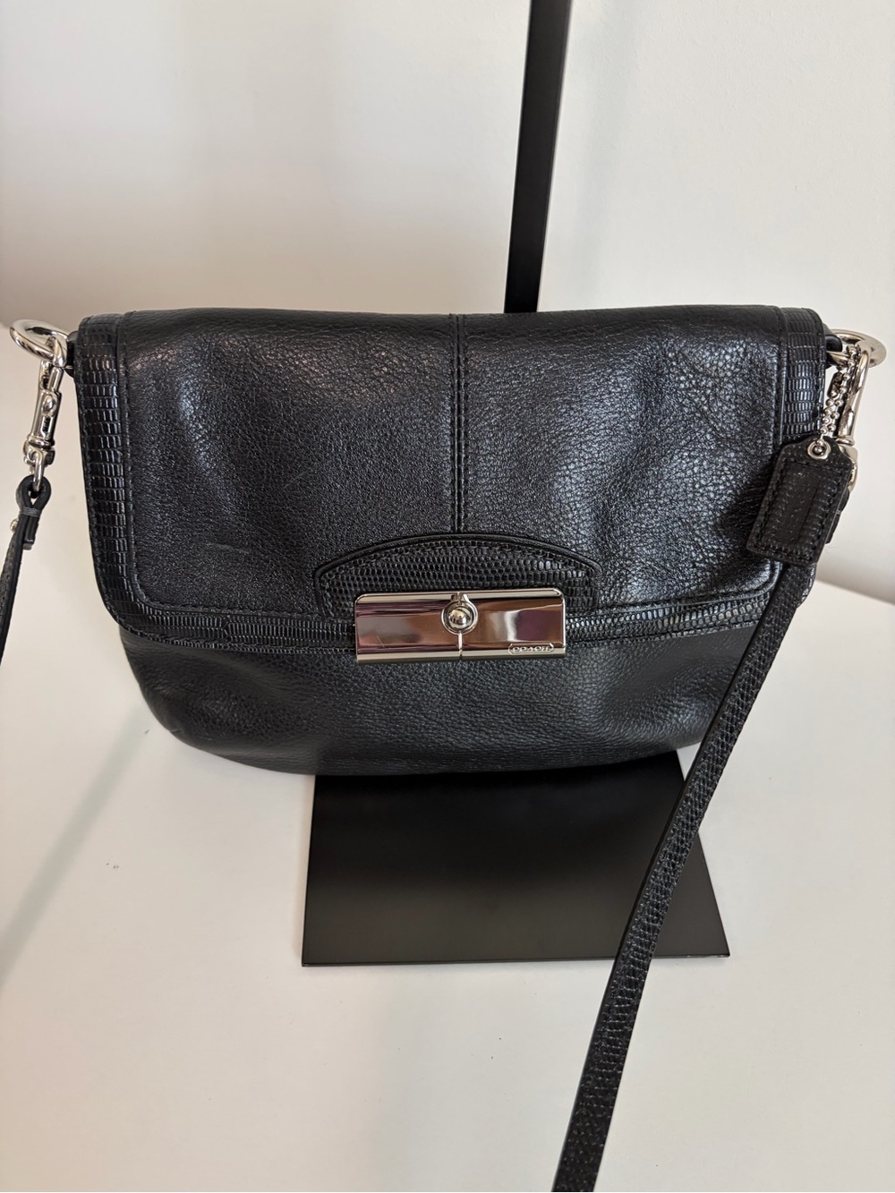 Coach Black Leather Crossbody with Silver Turnlock Detail